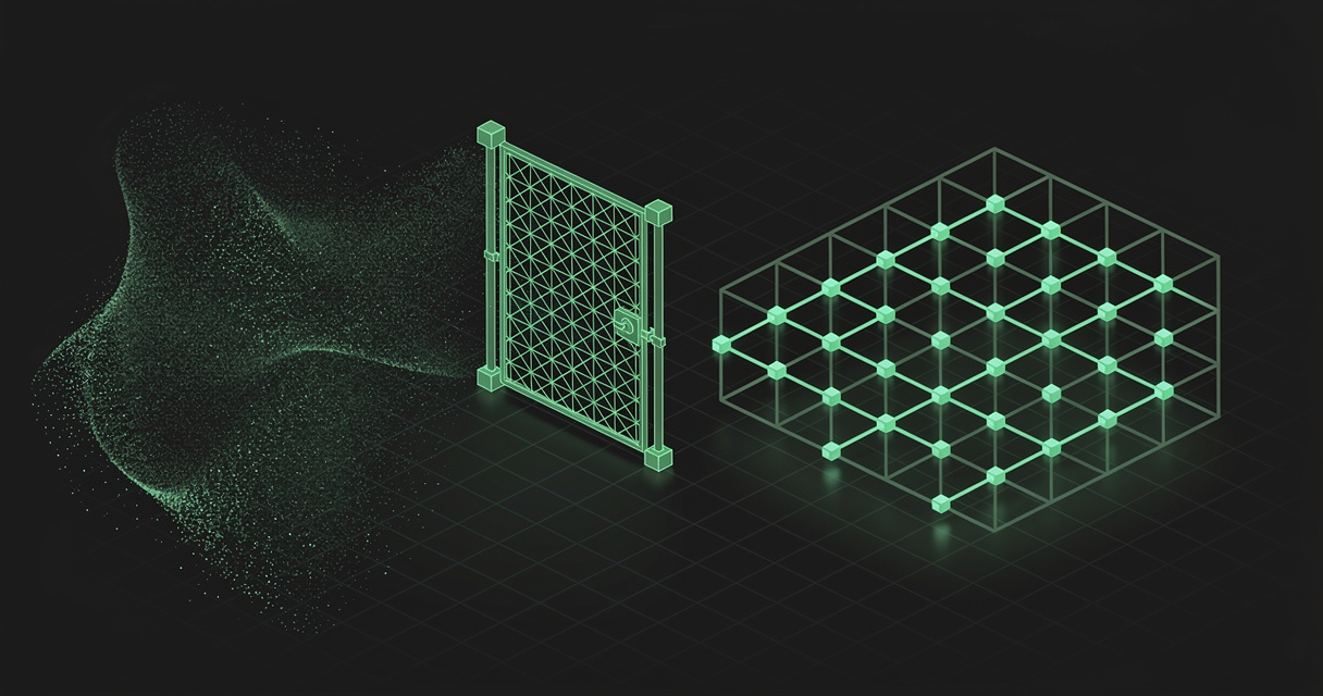 A diffuse cloud of emerald particles passing through a precise wireframe lattice gate and emerging as ordered nodes snapped onto a grid, on a dark terminal-grid background