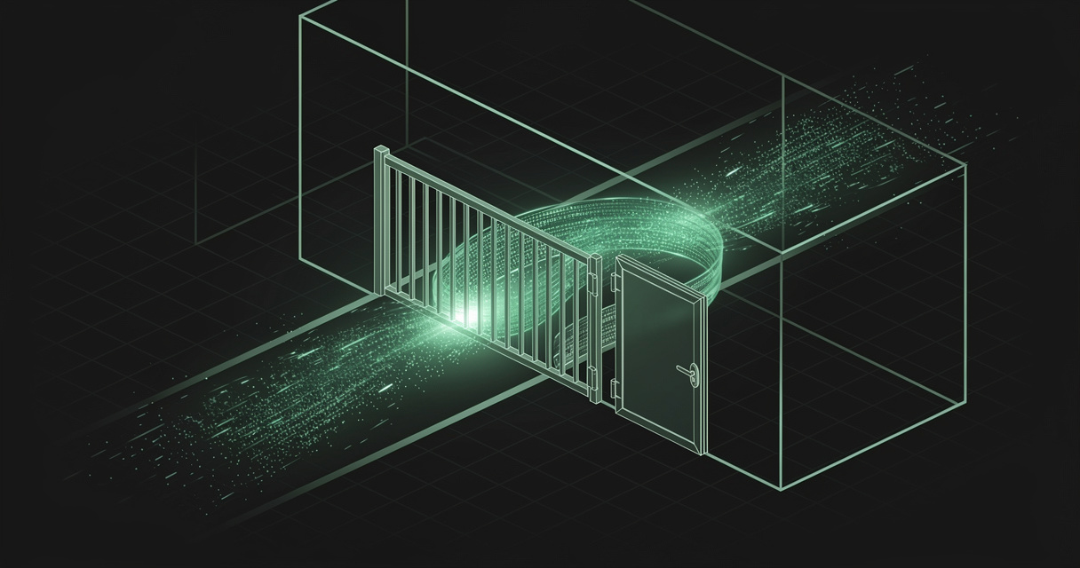 An emerald wireframe barrier gate inside a glass enclosure on a dark terminal grid, with a glowing stream of data curving past it and out through an open hinged door beside it