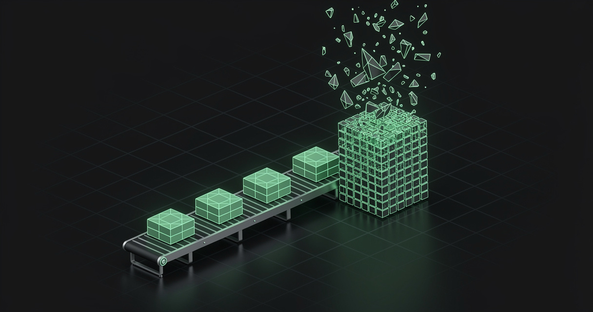 An emerald conveyor belt feeding neat blocks into a dense stacked structure whose top is disintegrating into drifting fragments, on a dark terminal-grid background