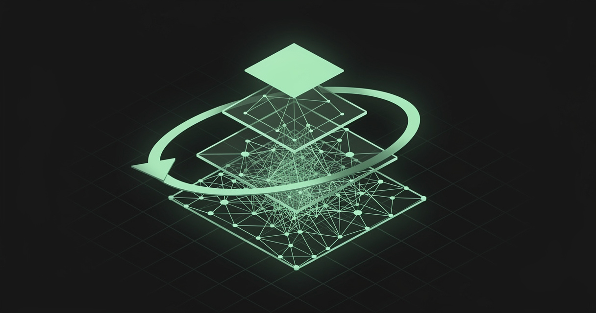 Three stacked emerald wireframe planes forming a pyramid — a small crisp tier on top, wider and denser mesh tiers below — encircled by a glowing feedback loop, on a dark terminal-grid background