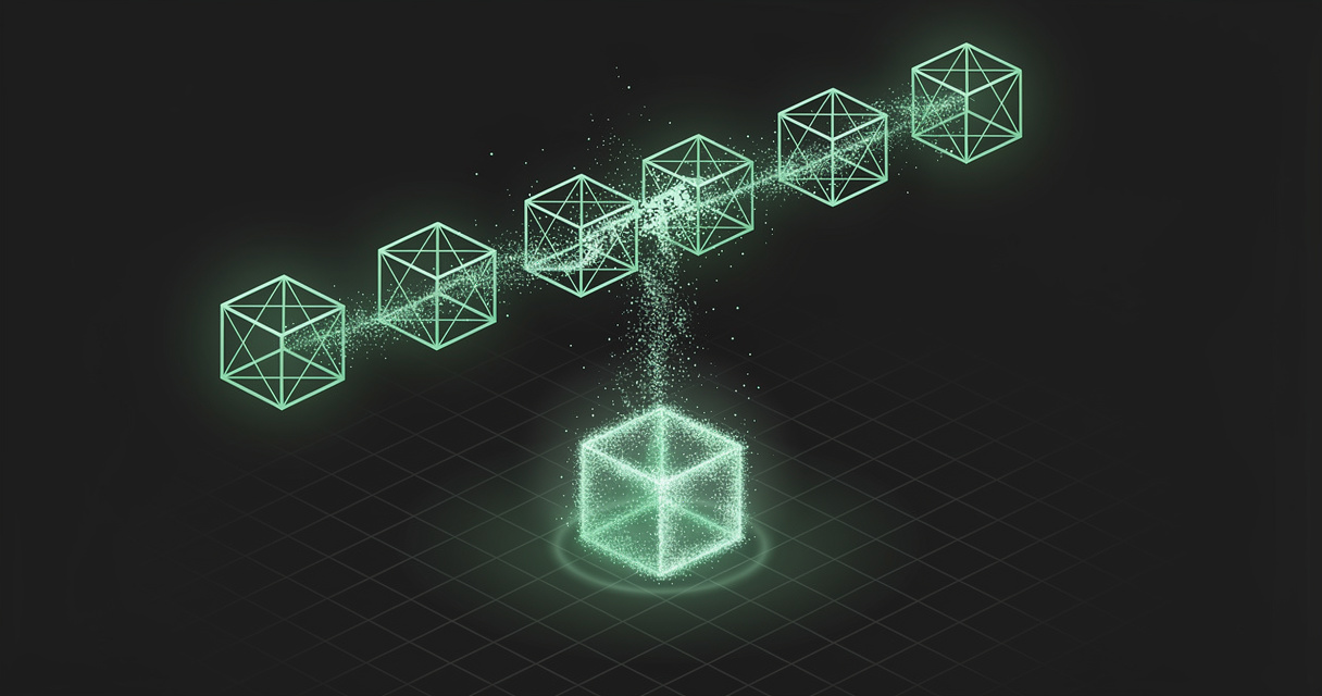 A chain of emerald wireframe cubes passing a stream of glowing particles that leaks away in the gaps between them and falls into one larger solid glowing node below, on a dark terminal grid