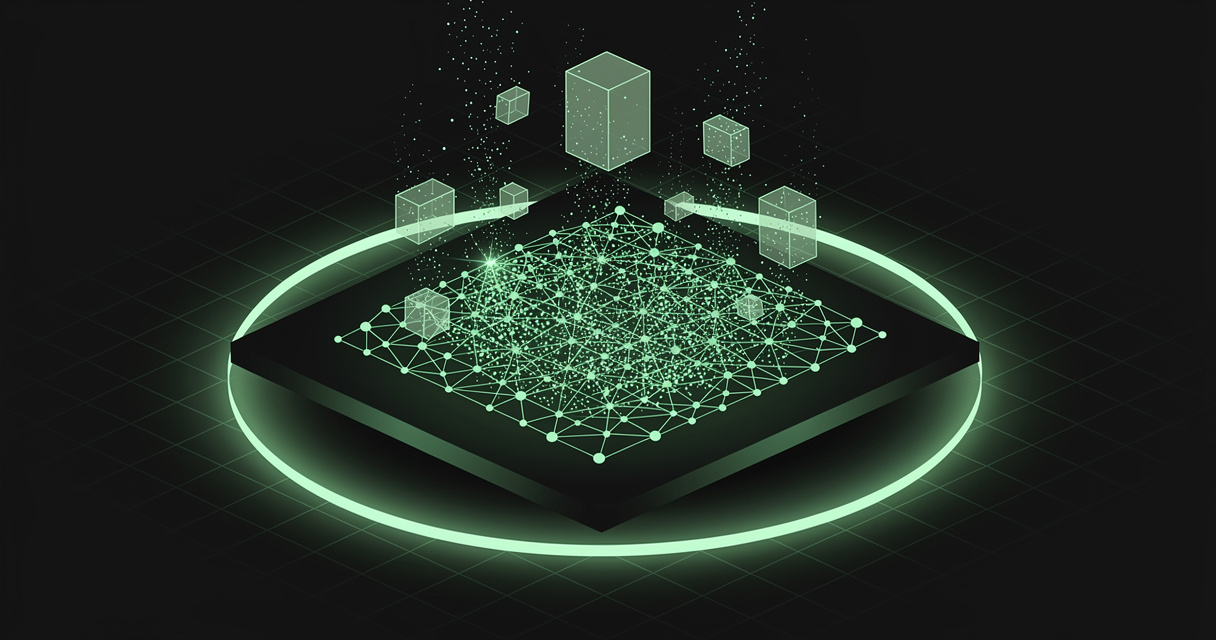 An emerald wireframe knowledge graph on a raised plateau encircled by a glowing moat ring, with translucent interchangeable module blocks dissolving into particles above it, on a dark terminal grid