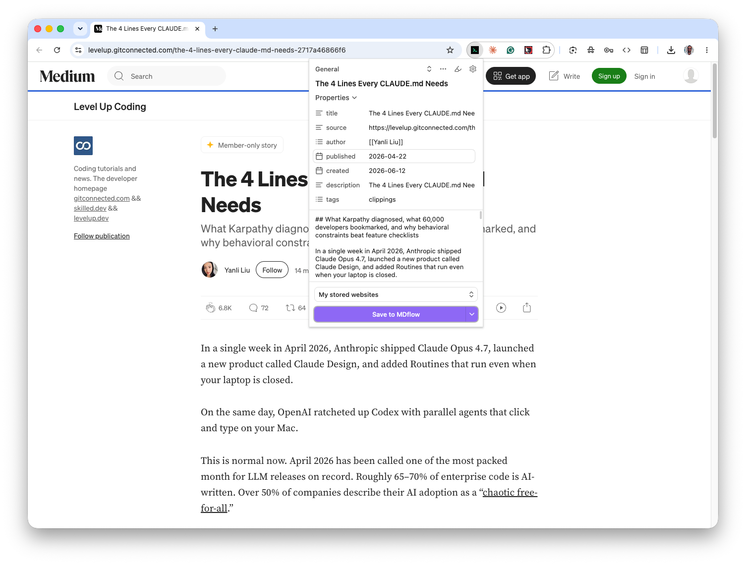 Saving a web page to MDflow with the Web Clipper